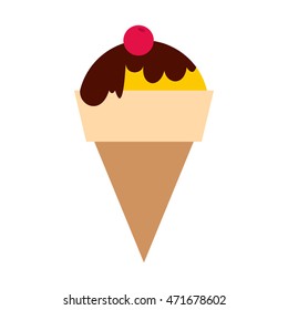 Chocolate ice cream with cherry icon in flat style isolated on white background. Sweet symbol