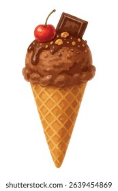 Chocolate ice cream with cherry and chocolate - vector illustration isolated on white.