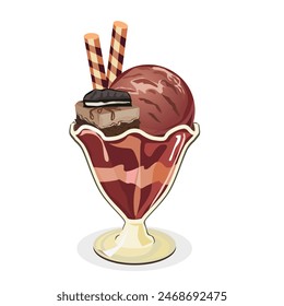 Helado de chocolate en un vaso transparente.Hay brownies, galletas y obleas en la parte superior.Ilustración vectorial aislada en blanco.