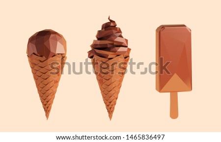 Chocolate Ice Cream Collection. Set of Brown Shiny Gelato on Isolated Background. Low Poly Vector 3D Rendering