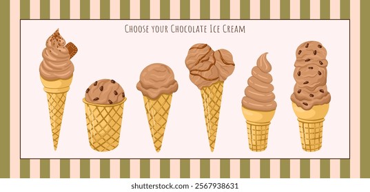 Chocolate Ice Cream collection in waffle cones. Vector.