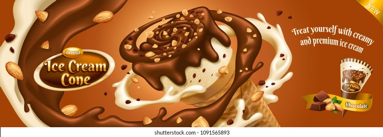 Chocolate ice cream cone ads with sauce and nuts swirling around it, 3d illustration