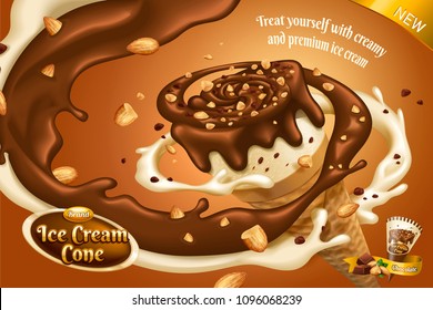 Chocolate ice cream cone ads with swirling toppings and nuts in 3d illustration