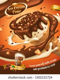 Chocolate ice cream cone ads with splashing sauce in 3d illustration