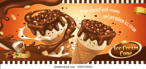 Chocolate ice cream cone banner ads with splashing sauce in 3d illustration