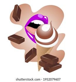 Chocolate ice cream in a cone with bright violet lips on a brown and white background with pieces of chocolate. Vector illustration for labels and advertising