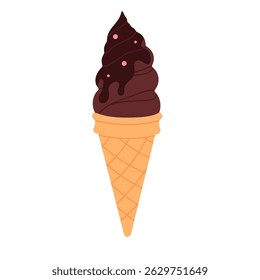 Chocolate ice cream cone with dark swirl and drops on white background, great for dessert, food ads, or sweet visuals