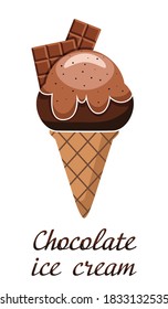 Chocolate ice cream cone. Delicious mouth-watering cold treat. Chocolate dessert. Vector illustration isolated on a white background for design and web.