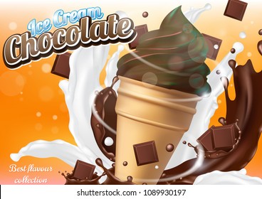 Chocolate ice cream cone dessert vector realistic illustration. Dairy product with chocolate, milk and molten chocolate splashes. Ice cream ad design template.