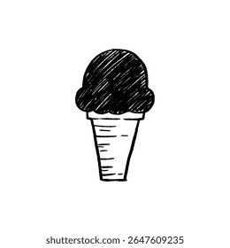 Chocolate Ice Cream Cone Doodle Vetor - Treat de verão desenhado à mão em preto e branco