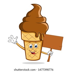 Chocolate Ice Cream Cone Flavor with Blank Wooden Sign in Hand Cartoon Mascot Character.