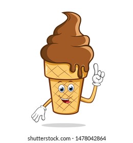 Chocolate Ice Cream Cone Flavor Cartoon Mascot Character Walking Happily.  Waving For Greeting And Pointing.