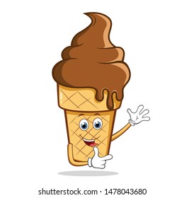 Chocolate Ice Cream Cone Flavor Cartoon Mascot Character Walking Happily.  Waving For Greeting And Pointing.