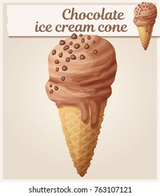 Chocolate ice cream cone icon. Cartoon vector illustration