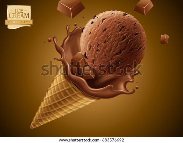 3dイラストでデザイン用のチョコレート液が飛び散る 分離型冷たいデザートにチョコレートアイスクリームコーン のベクター画像素材 ロイヤリティフリー