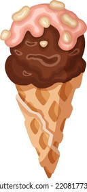 chocolate ice cream cone with pistachios, sorbet, vector illustration