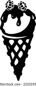 chocolate ice cream cone with raspberries, sorbet, ice cream vector illustration