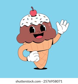 Chocolate ice cream cone retro cartoon