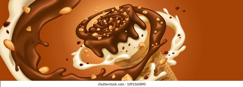 Chocolate ice cream cone with sauce and nuts swirling around it, 3d illustration