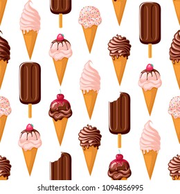Chocolate ice cream cone with strawberry and cherry topping. Seamless pattern on white background
