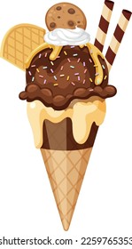 Chocolate ice cream cone with toppings illustration