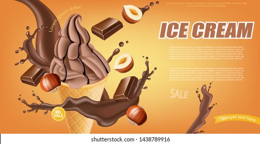 Chocolate ice cream cone Vector realistic. Dark chocolate splash and nuts flavor. Swirled smooth creamy topping