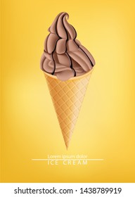 Chocolate ice cream cone Vector realistic. Dark chocolate splash. Swirled smooth creamy topping