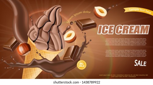 Chocolate ice cream cone Vector realistic. Dark chocolate splash and nuts flavor. Swirled smooth creamy topping