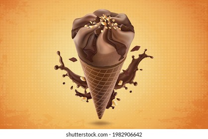 Chocolate ice cream cone vector illustration with chocolate splash 