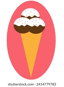 chocolate ice cream cone with white icing and sprinkles on a pink background