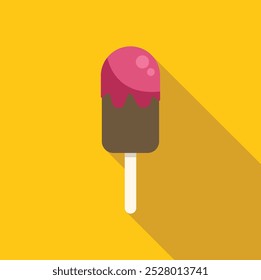 Helado de chocolate cubierto con esmalte rosa sobre palo de madera sobre fondo amarillo