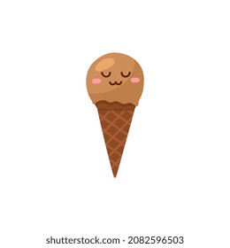 Chocolate ice cream in crispy waffle cone in flat vector illustration isolated on white background. Kawaii sweet cold dessert with emoji. Tasty frozen homemade sorbet