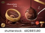 Chocolate ice cream cup ads, a scoop of premium chocolate ice cream with flowing sauce in 3d illustration isolated on scarlet color background