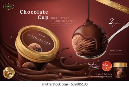 Chocolate ice cream cup ads, a scoop of premium chocolate ice cream with flowing sauce in 3d illustration isolated on scarlet color background