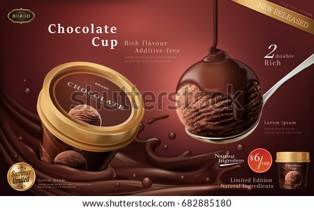 Chocolate ice cream cup ads, a scoop of premium chocolate ice cream with flowing sauce in 3d illustration isolated on scarlet color background