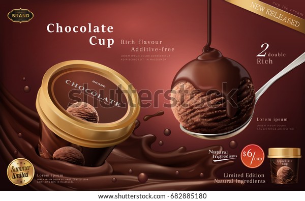 緋色の背景にチョコレートアイスクリームカップ広告 高級チョコレートアイスクリームと流れるソースのスクープ 3dイラスト のベクター画像素材 ロイヤリティフリー