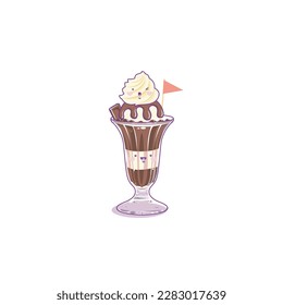 Chocolate ice cream in a cup kawaii style, sweet dessert isolated on white background vector illustration