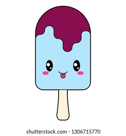 Chocolate ice cream design on a stick isolated on white background. Comic character in kawaii style. Cartoon image with big eyes. Vector illustration.