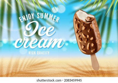 Chocolate ice cream eskimo and summer palm beach poster. Vector ad with realistic 3d bitten off icecream on stick with choco glaze and nuts stuck in sand with palm tree branches on blurred seascape