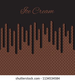 Chocolate ice cream flowing over waffle texture background . Cafe menu, ice cream dessert poster, food packaging design