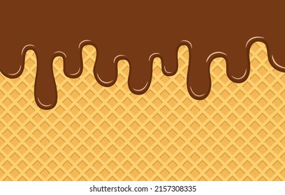 Chocolate ice cream flows down the yellow crispy waffle. Delicious dessert background. Flat vector illustration
