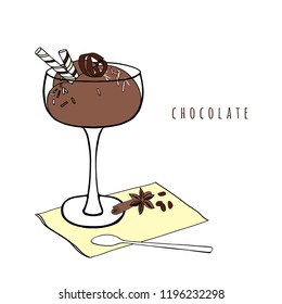 Chocolate ice cream in a glass bowl with chocolate chips and waffles. Cinnamon, anise and coffee beans. Hand drawn vector illustration.