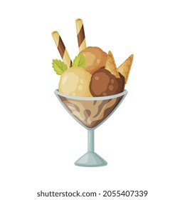 Chocolate Ice Cream in Glass Bowl with Wafer Rolls as Frozen Dessert and Sweet Snack Vector Illustration