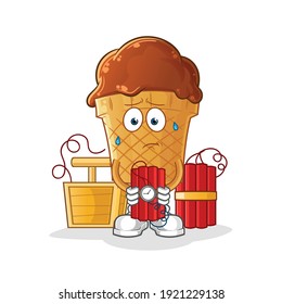 chocolate ice cream holding dynamite character. cartoon mascot vector