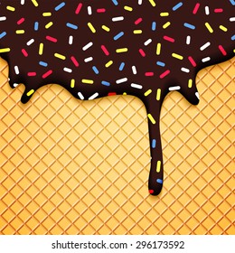 Chocolate Ice Cream Illustration with Wafer and Glaze. Colorful Vector Food Background. Abstract Bakery Card.