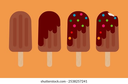 Helado de chocolate aislado sobre fondo naranja, Ilustración vectorial de paletas de chocolate