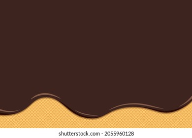 Chocolate ice cream liquid melt and flow on toasted waffle surface. Glazed wafer texture sweet cake background. Vector flat eps illustration