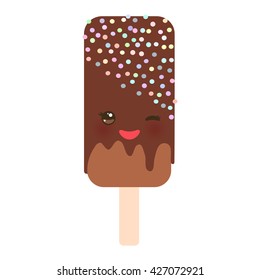 Chocolate ice cream, ice lolly Kawaii with pink cheeks and winking eyes, pastel colors on white background. Vector