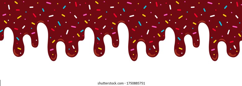 Chocolate ice cream melted with colorful cute candy sprinkles long border, banner seamless pattern, vector white background