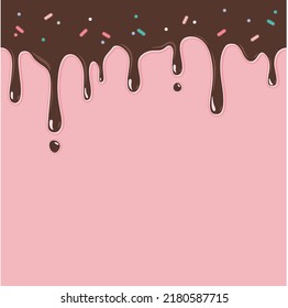 Chocolate Ice cream melted with colorful cute candy sprinkles long border, banner, poster, background